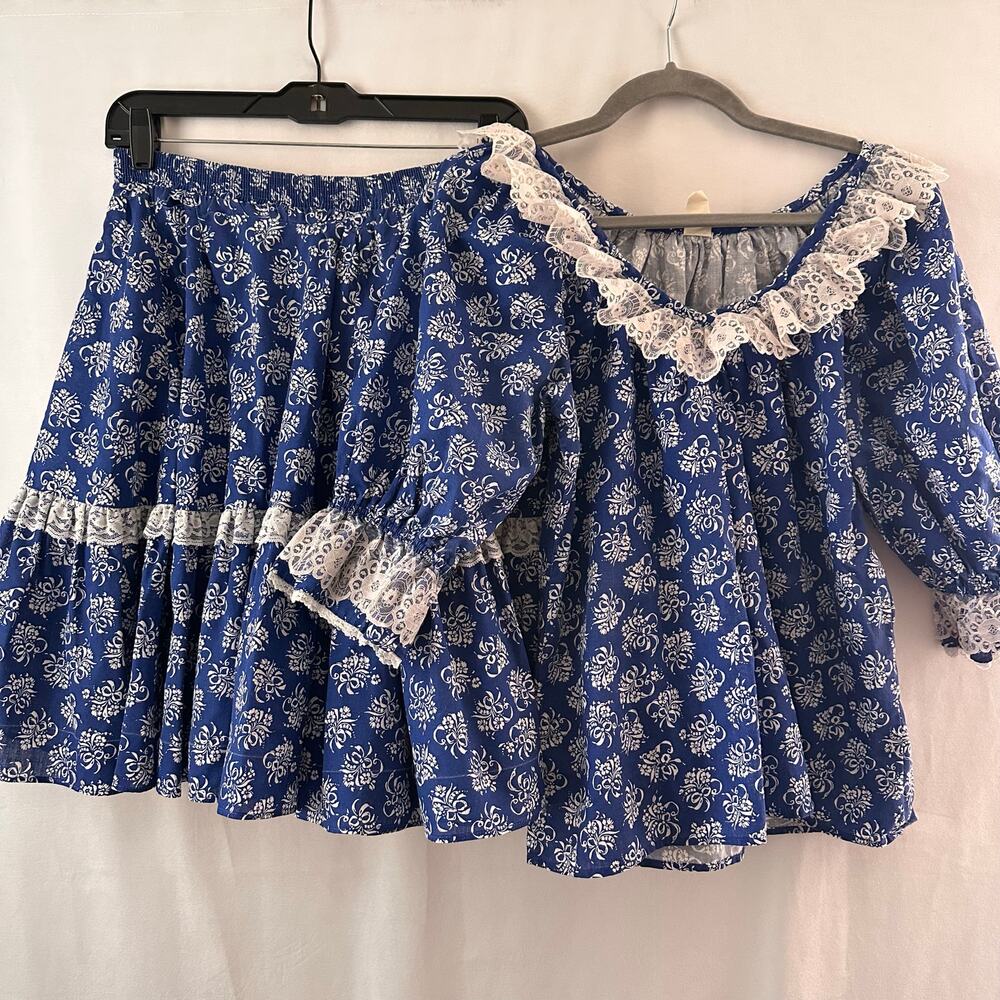VTG Rockmount Ranch Wear Western Set Square Dance Skirt & Top Blue Bows Floral